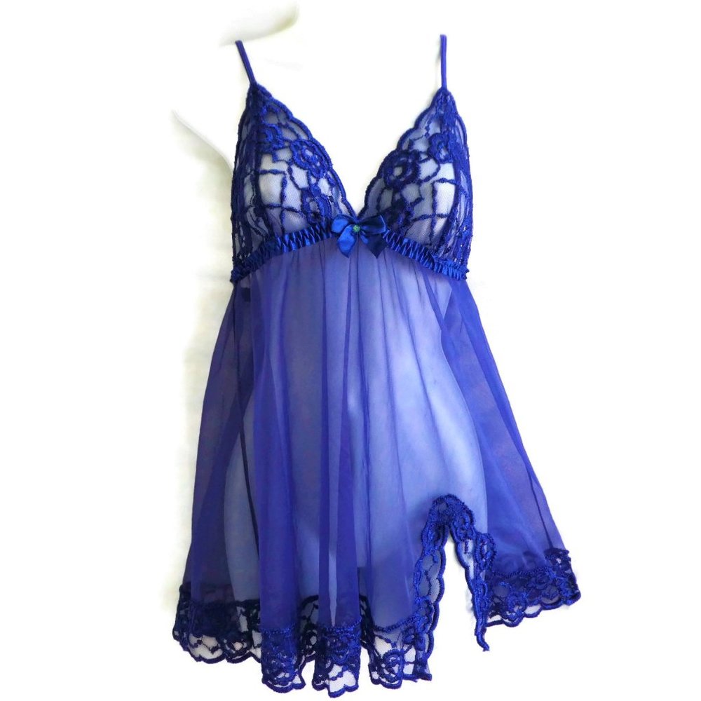 Fredericks of Hollywood Babydoll Lace Nylon Cobalt Lingerie Thigh Slit Adj Strap